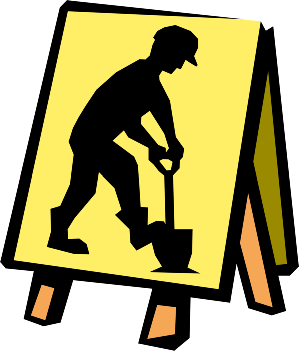 Vector Illustration of Construction Men Working Traffic Safety Sign Man with Shovel