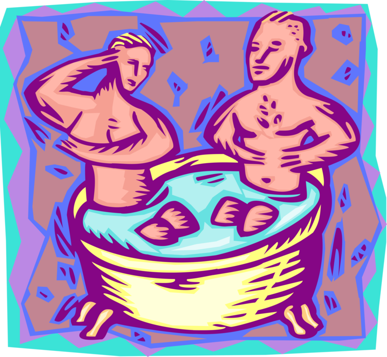Vector Illustration of Rub-a-Dub-Dub, Couple Share Tub