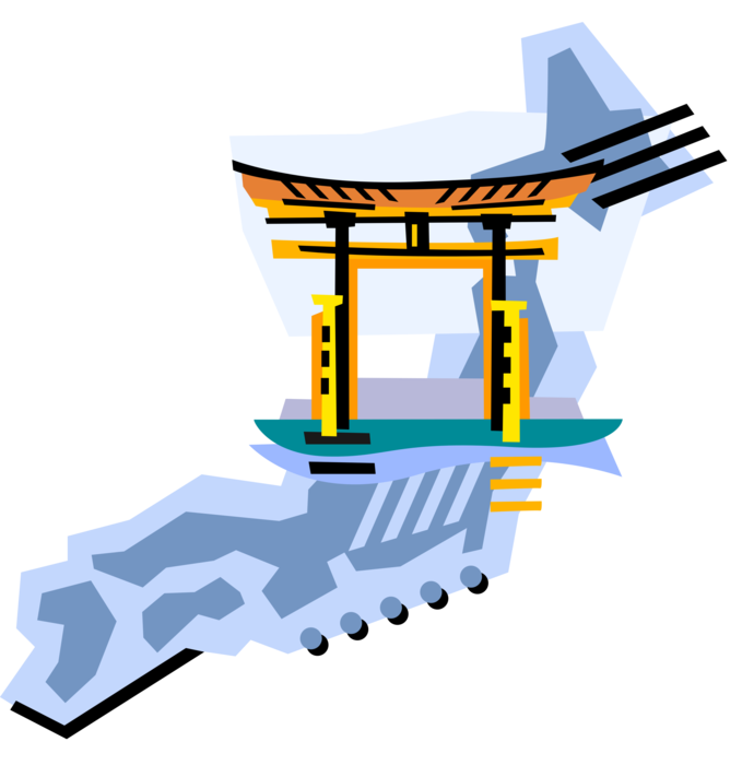 Vector Illustration of Japanese Traditional Buddhist Temple and Shinto Shrine Torii Gate