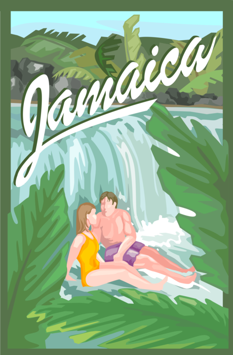 Vector Illustration of Jamaica Postcard Design with Dunn's River Falls in Ocho Rios