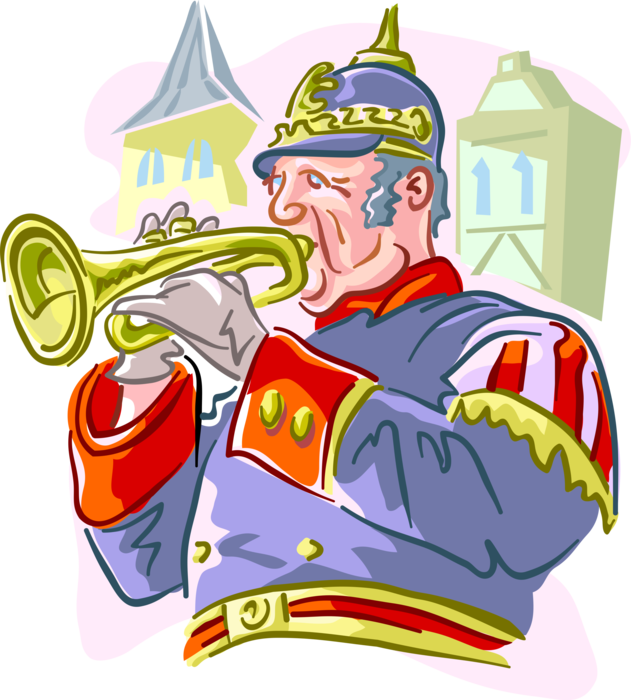 Vector Illustration of European Musician in Germany Plays Brass Trumpet in Town Square
