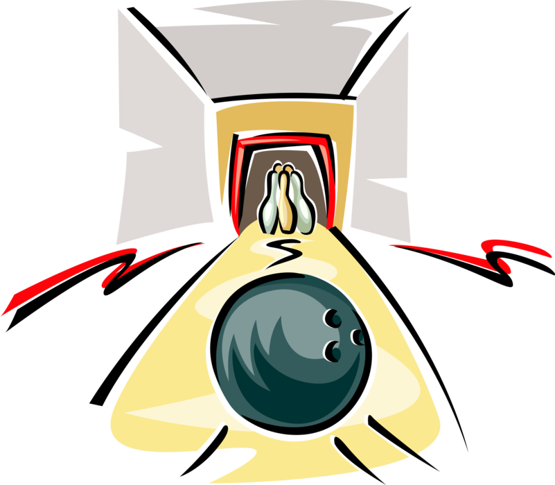Vector Illustration of Sports Equipment Bowling Ball Heading Down Alley Towards Pins