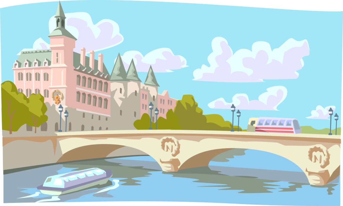 Vector Illustration of Palais de Justice, Conciergerie, Pont au Change Bridge, Paris, France
