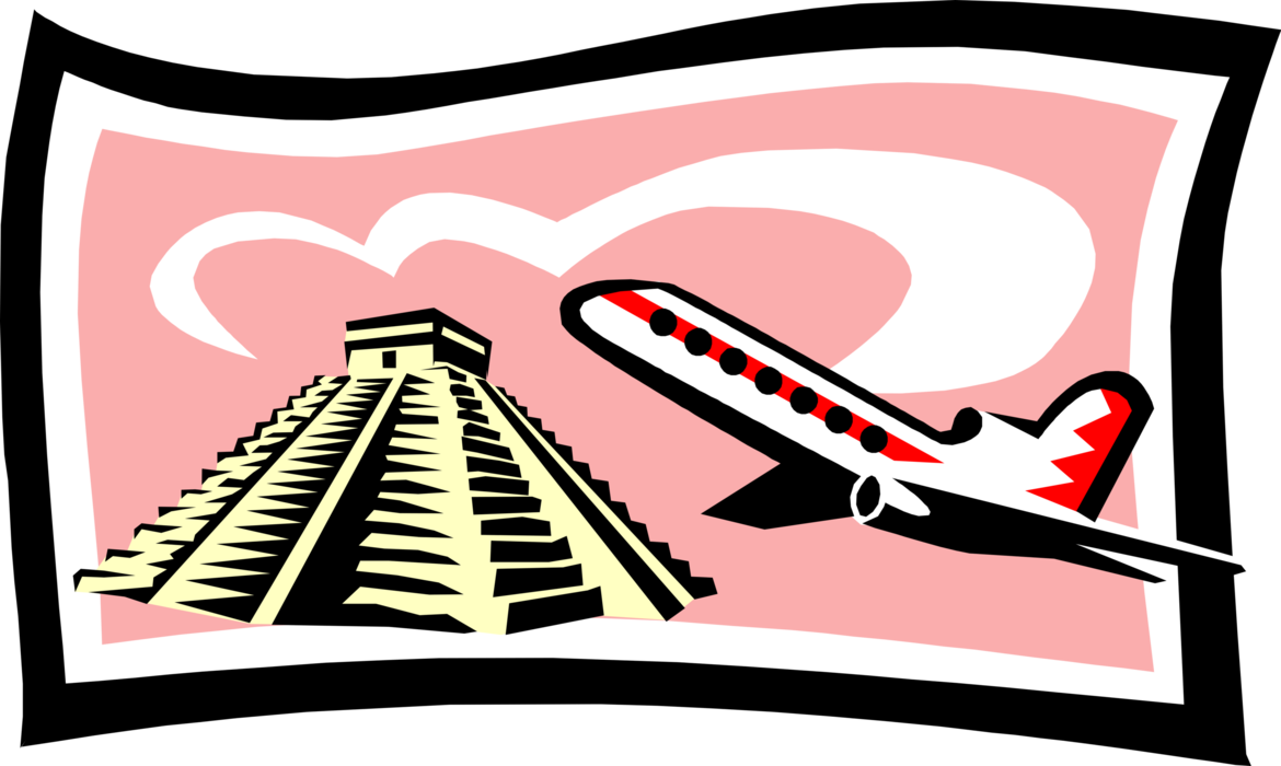 Vector Illustration of Mexico Tourism and Sightseeing with Inca Ruins and Commercial Passenger Jet