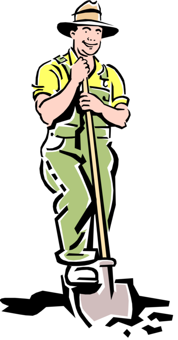 Vector Illustration of Farmer with Shovel Digs Hole in Dirt