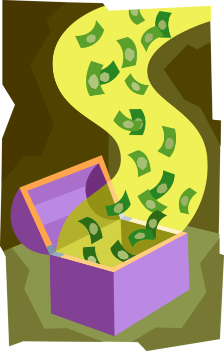 Vector Illustration of Treasure Chest with Great Wealth and Riches Cash Money