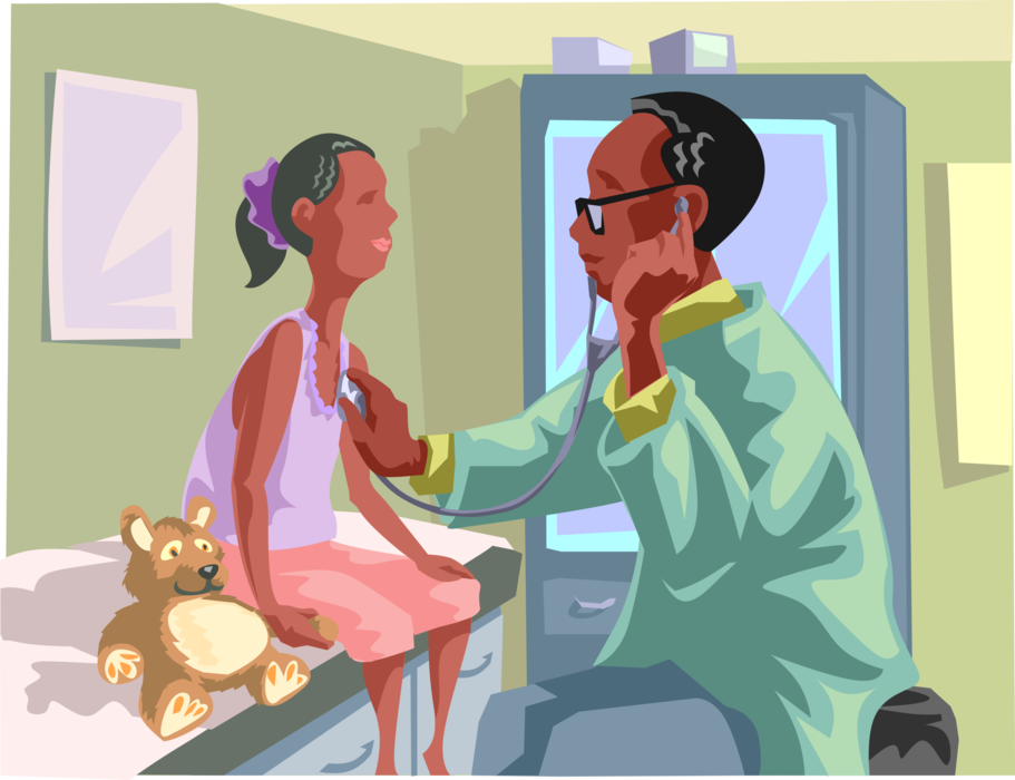 Vector Illustration of Medical Physician Doctor's Office Check-Up with Female Child Patient and Stethoscope