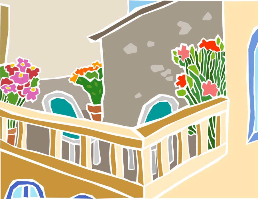 Vector Illustration of Balcony Patio Scene with Potted Plants and Flowers
