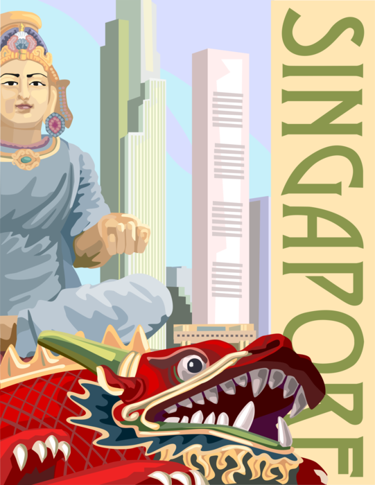 Vector Illustration of Singapore Postcard Design with Dragon and Hindu Statue