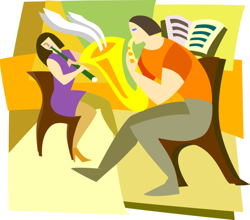 Vector Illustration of Musicians Play Flute and Saxophone Brass Single-Reed Mouthpiece Woodwind Instrument