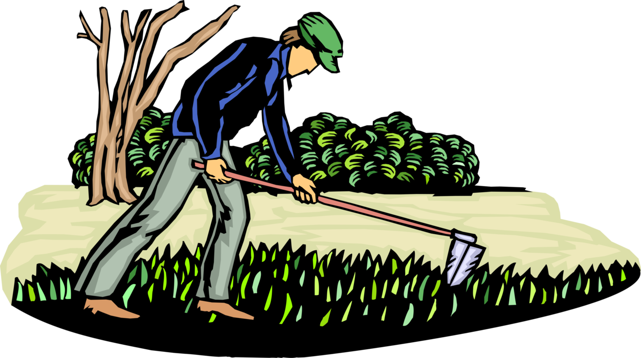 Vector Illustration of Gardner or Farmer Working in Garden with Hoe to Shape the Soil