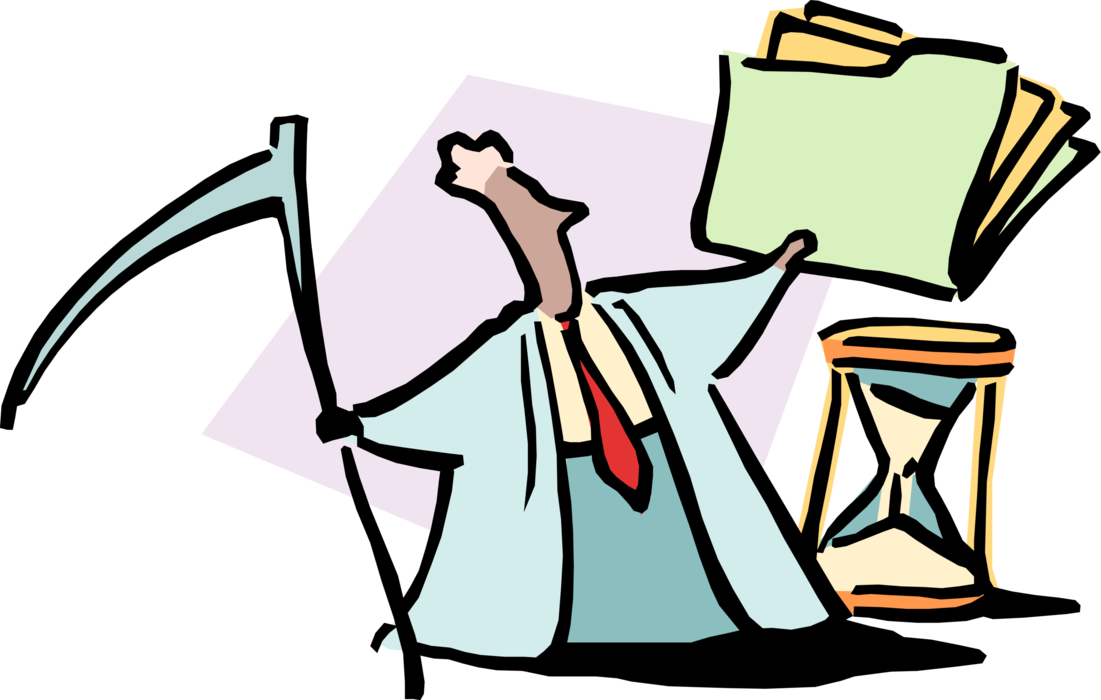 Vector Illustration of Businessman Grim Reaper with Scythe and Hourglass with Project Folder