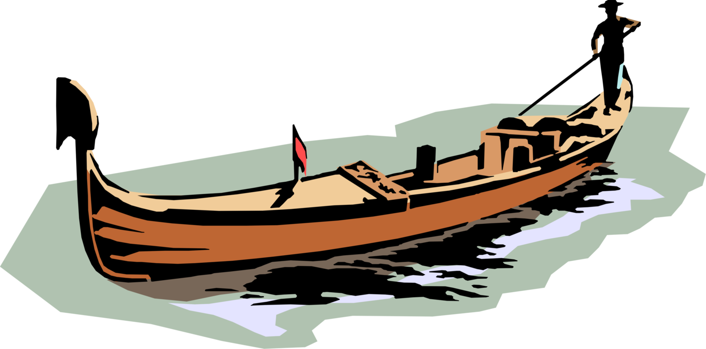 Vector Illustration of Venetian Gondola Steered by Gondolier in Canals of Venice, Italy