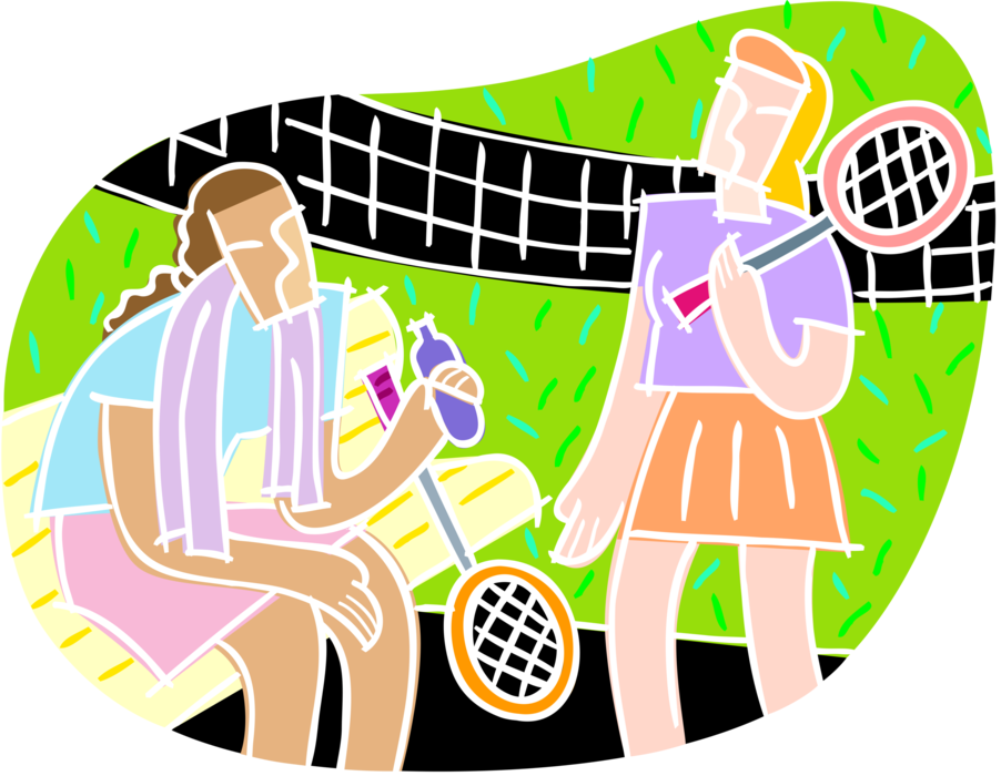 Vector Illustration of Friends Play Tennis with Rackets on Summer Day