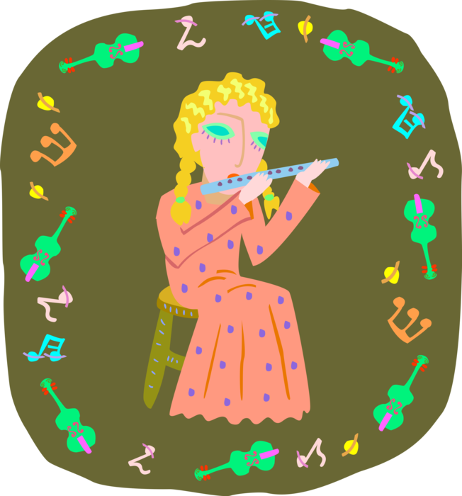 Vector Illustration of Young Girl Musician Playing Flute Musical Instrument