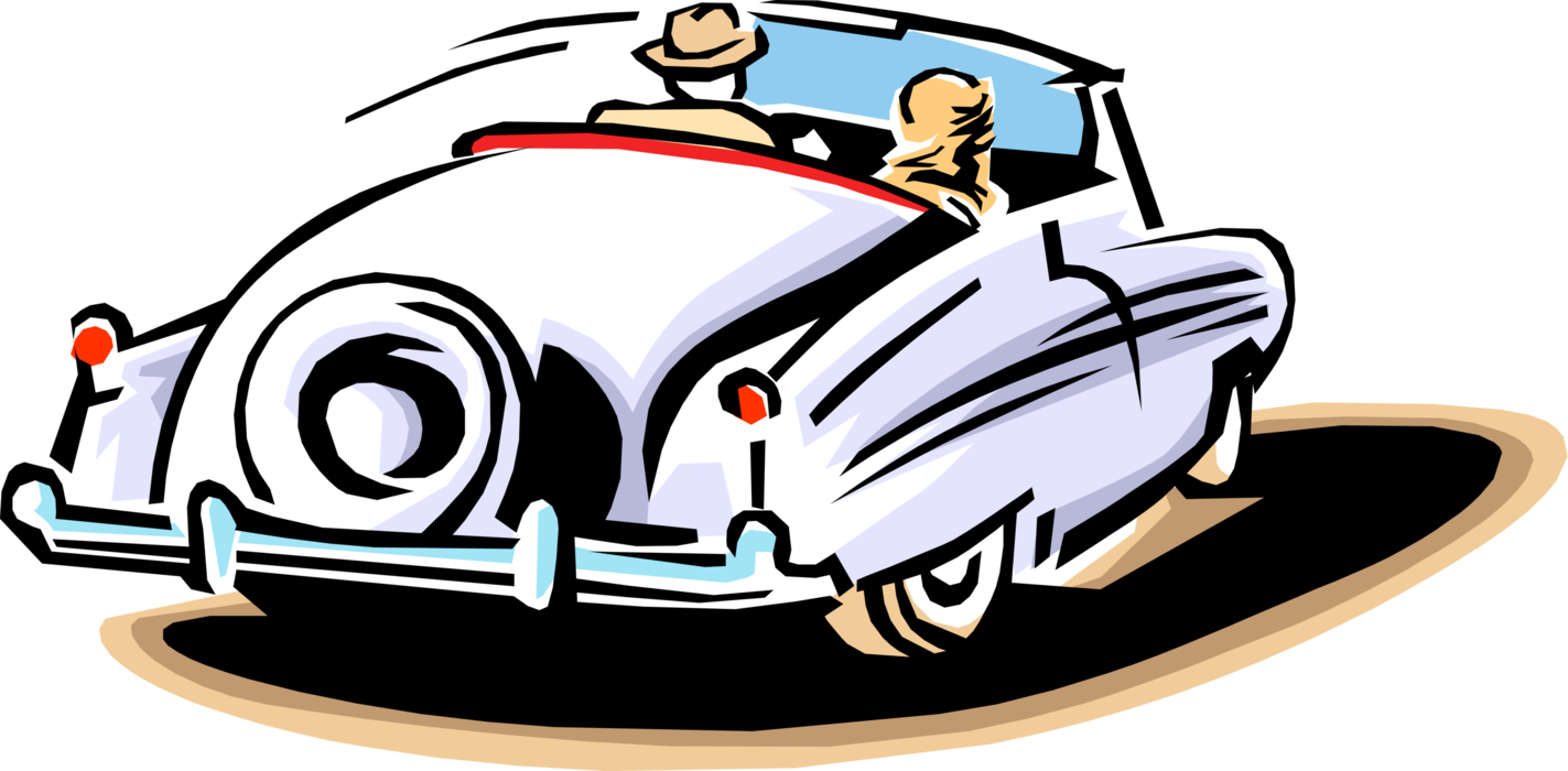 Vector Illustration of Classic Vintage Model Convertible Automobile Car Motor Vehicle with Couple Driving