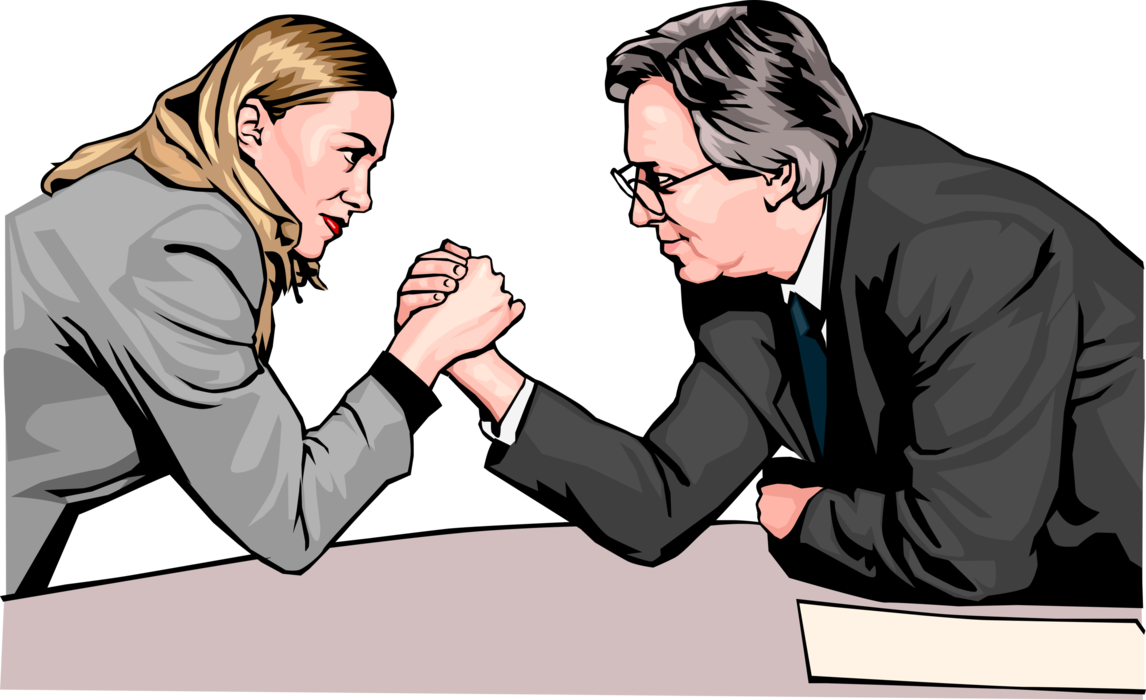 Vector Illustration of Businesswoman and Man Have Competitive Arm Wrestle in Office