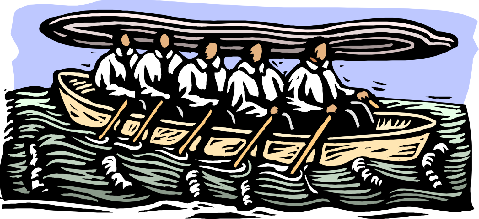 Vector Illustration of Businessmen Demonstrate Teamwork Rowing Boat Together