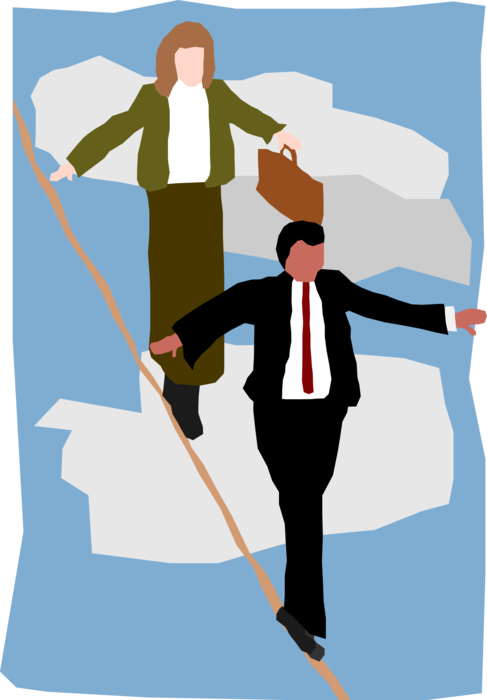 Vector Illustration of Business Associates Walking Highwire Tightrope