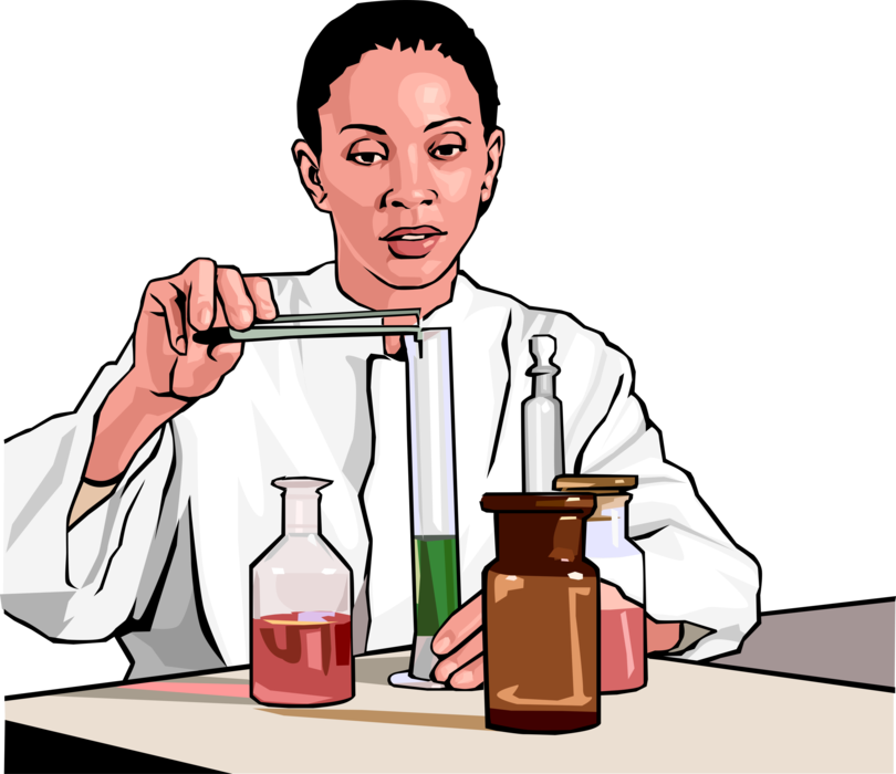 Vector Illustration of Laboratory Research Chemist with Test Tubes and Beakers