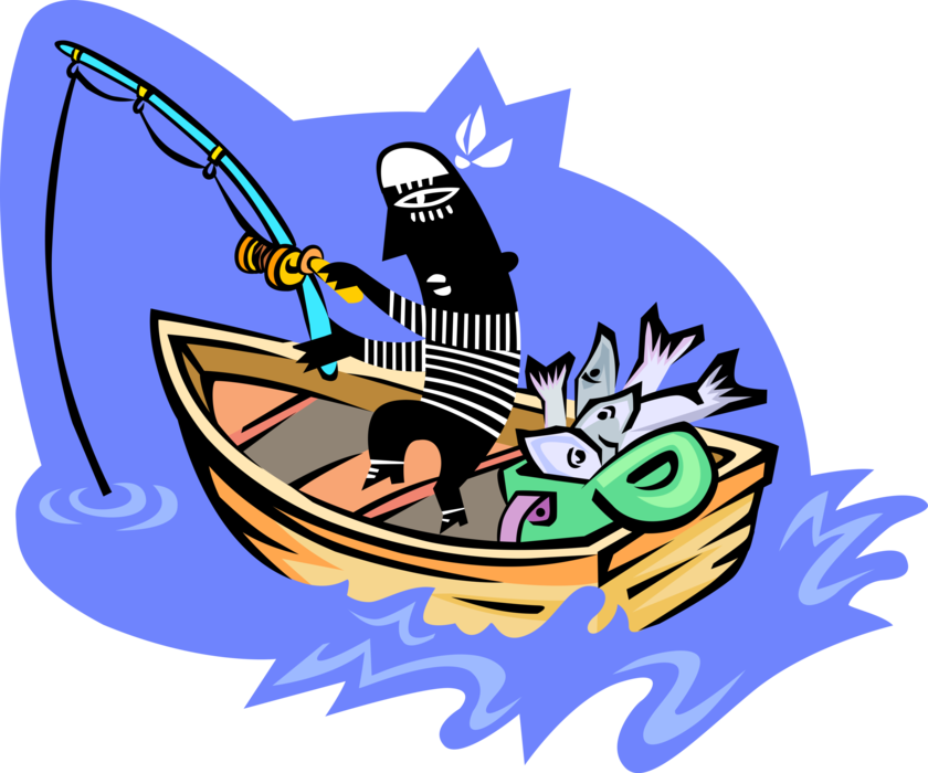 Vector Illustration of Sport Fisherman Angler in Boat Catches Fish