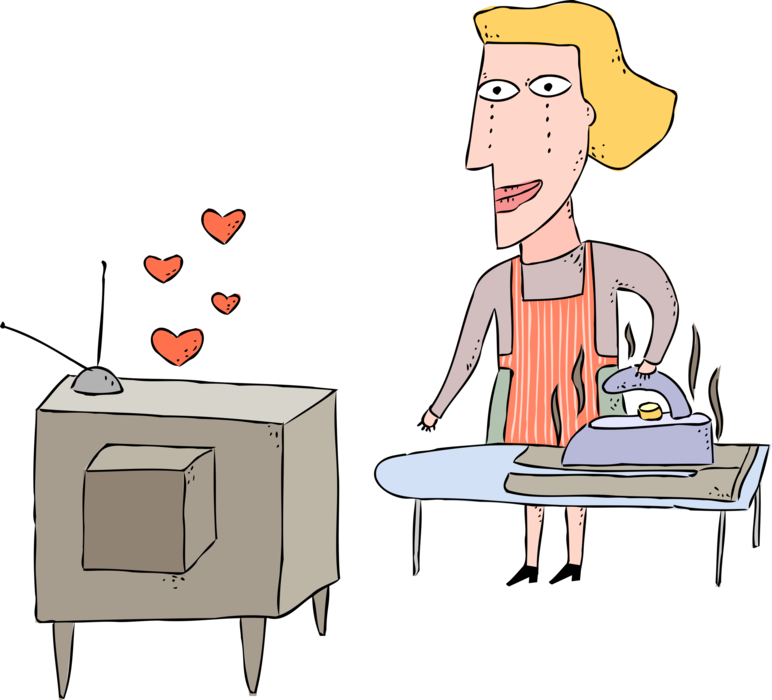 Vector Illustration of Mother Watches Television Soap Opera while Ironing Laundry