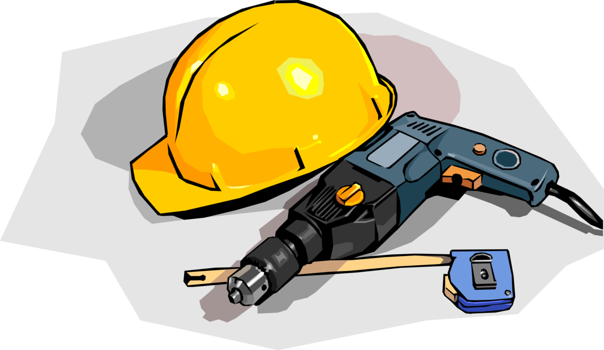 Vector Illustration of Construction Industry Hard Hat with Drill and Tape Measure