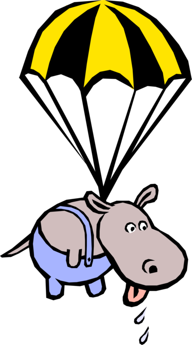 Vector Illustration of Hippopotamus Parachutes to Earth