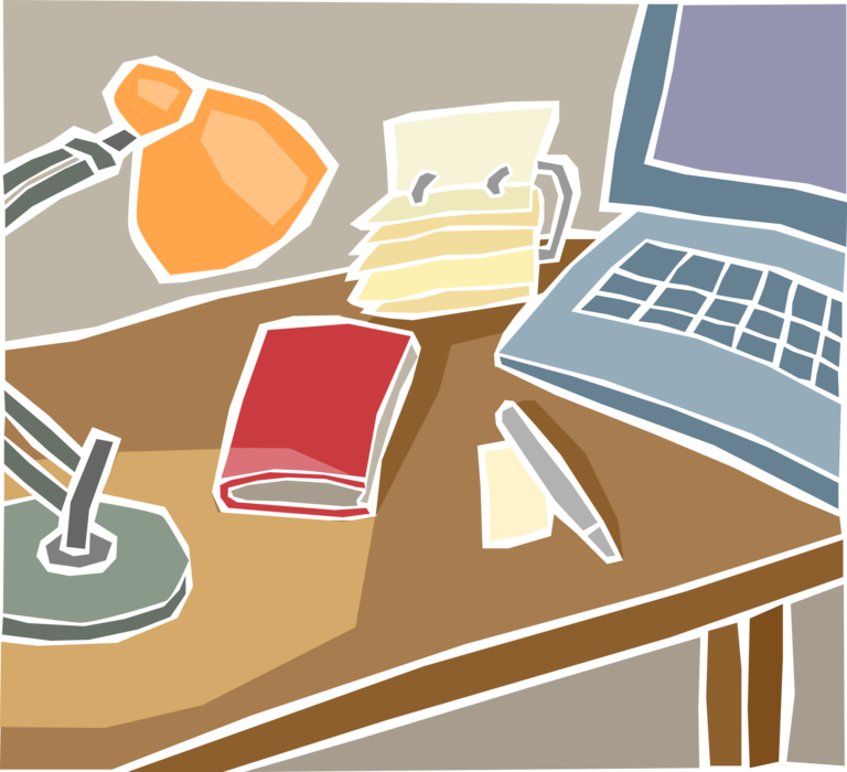 Vector Illustration of Office Desk with Desk Lamp, Rolodex, Daily Diary and Laptop Computer