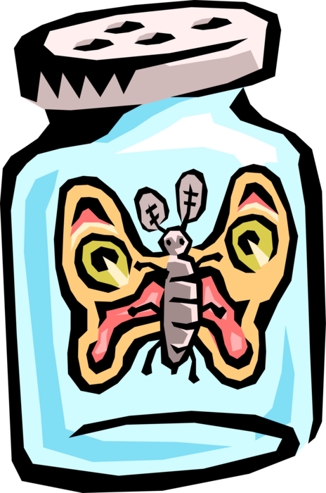 Vector Illustration of Colorful Butterfly Winged Insect Trapped in Bottle