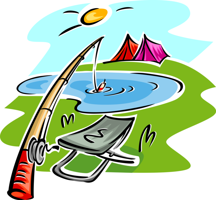 Vector Illustration of Fishing Rod and Portable Chair at Campsite with Tents