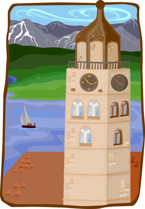 Vector Illustration of European Clock Tower with Mountains and the Sea