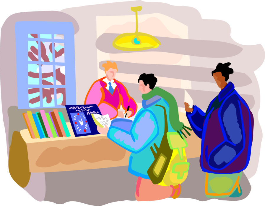 Vector Illustration of Tourists on Vacation at Information Center Check Maps and Tour Information