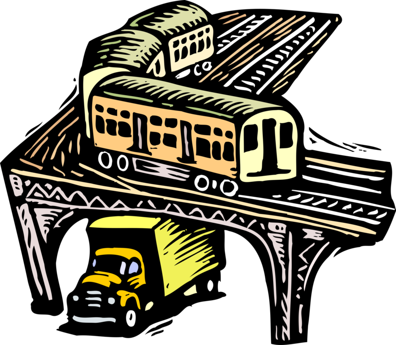Vector Illustration of Elevated Rapid Transit Commuter Subway with Commercial Shipping and Delivery Transport Truck
