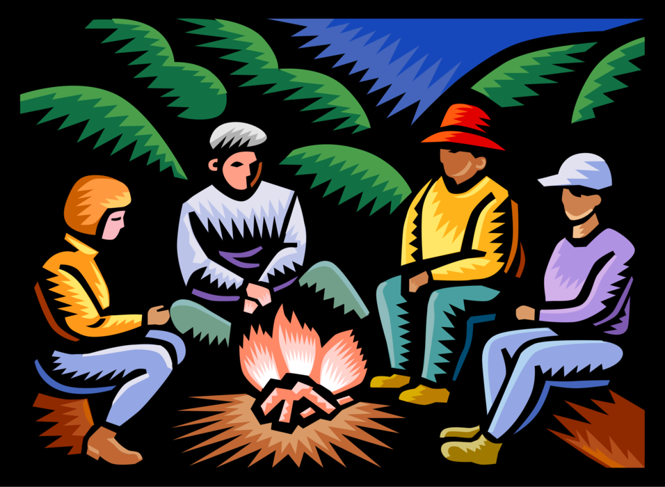 Vector Illustration of Family Sits Around Campfire at Night While Camping in Wilderness