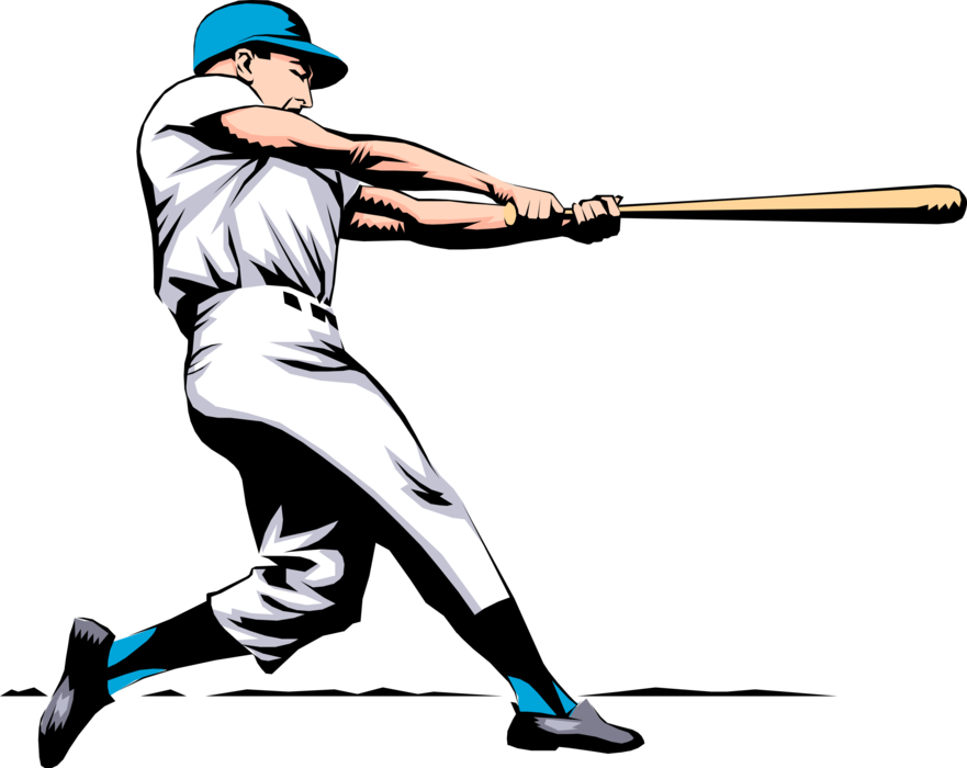Vector Illustration of American Pastime Sport of Baseball Batter Swings and Hits the Ball