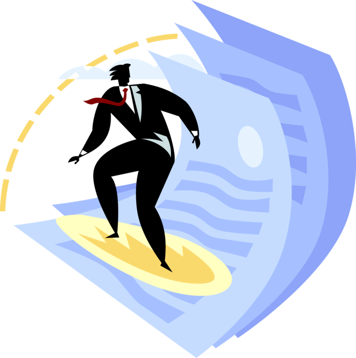 Vector Illustration of Businessman Surfing Business Documents on Surfboard