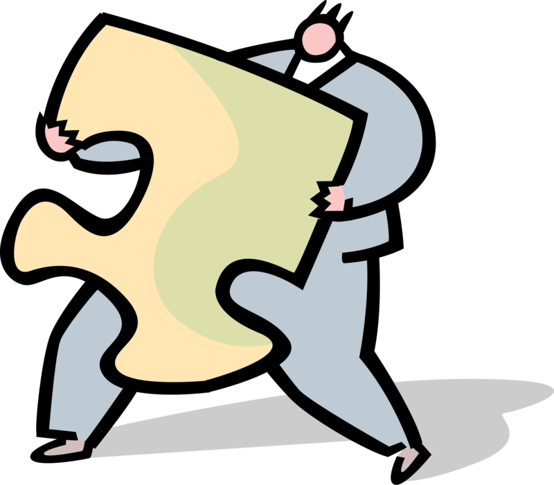 Vector Illustration of Businessman Carries Essential Missing Piece of the Puzzle Tests Ingenuity or Knowledge