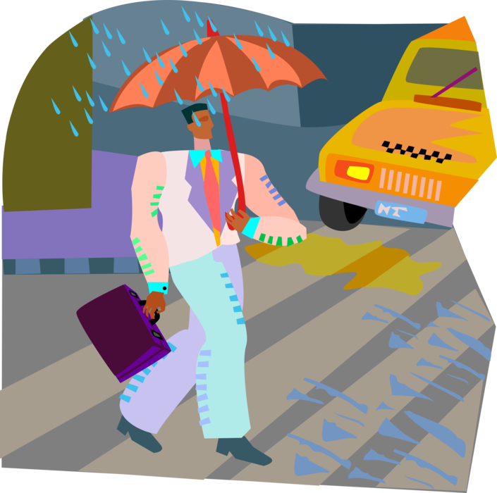 Vector Illustration of Businessman Walking in Rain with Umbrella