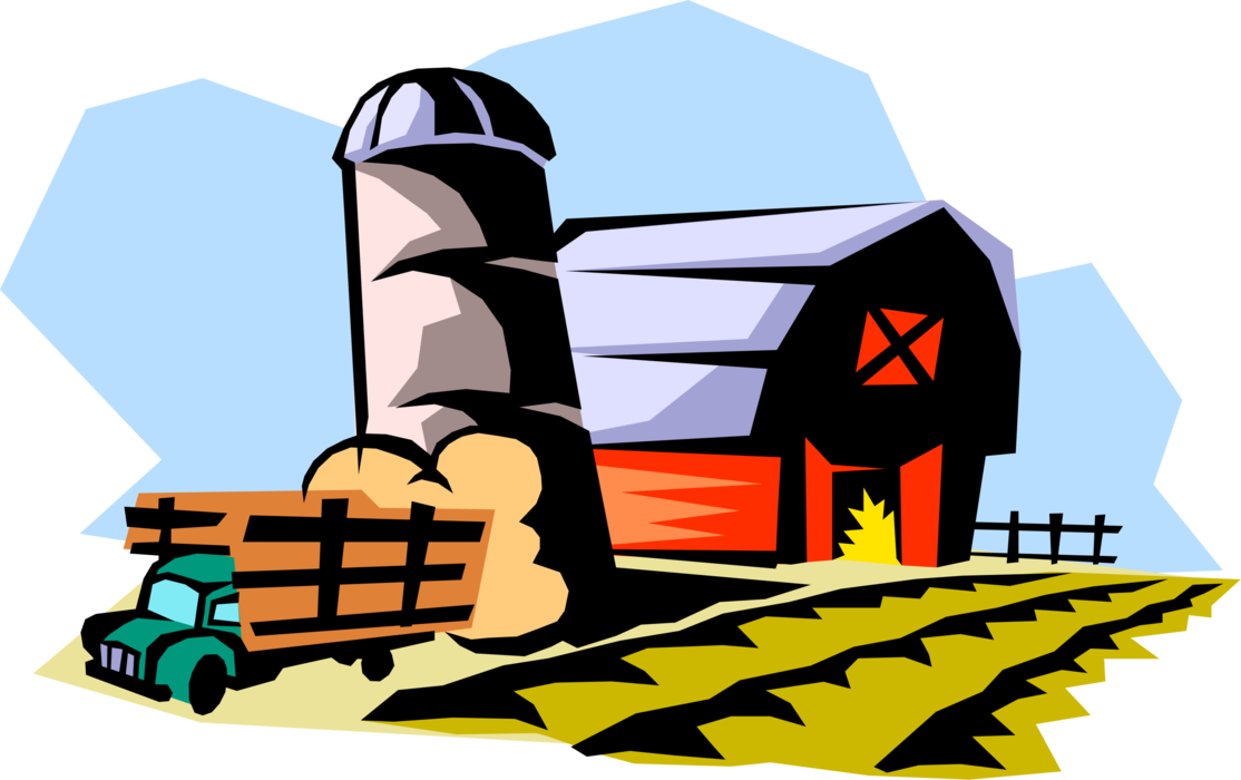 Vector Illustration of Farm Scene with Barn and Grain Storage Silo