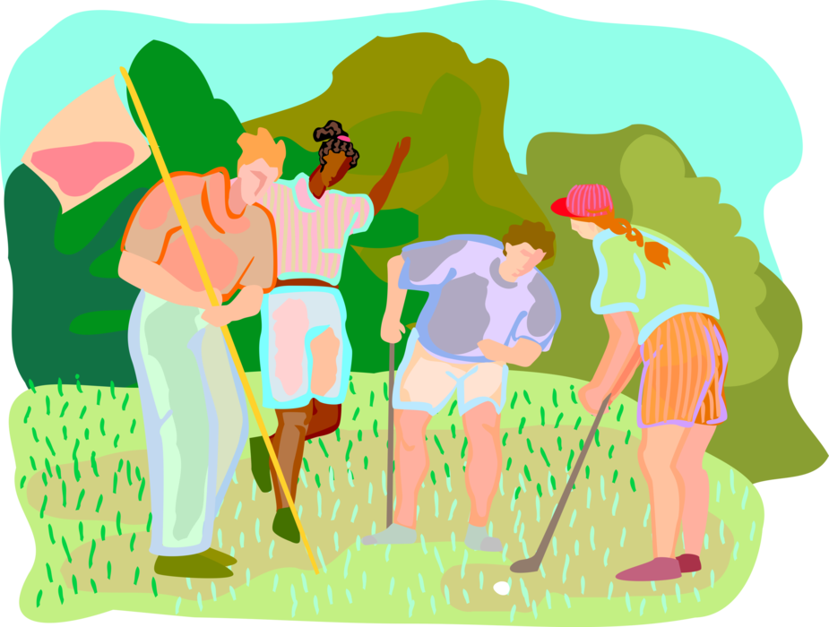 Vector Illustration of Golfers Watch Golfing Putt on Golf Green