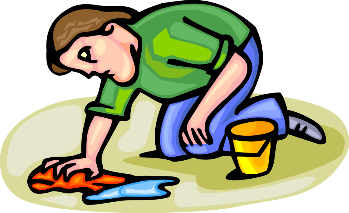Vector Illustration of Cleaning Up Liquid Spill with Pail and Rags
