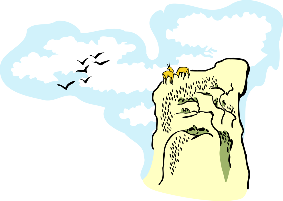 Vector Illustration of Grazing Animals on Steep Mountain with Birds in Flight
