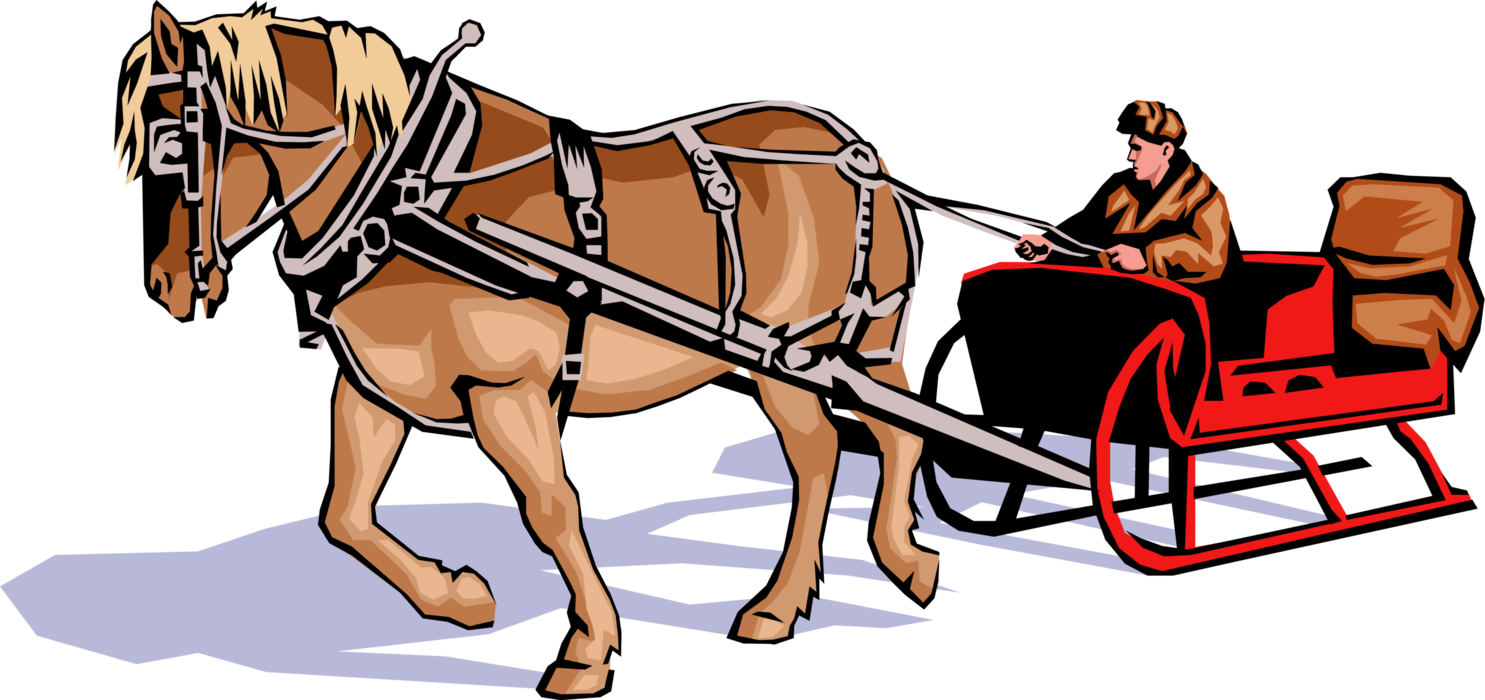 Vector Illustration of Horse-Drawn Sleigh in Winter Slides on Snow and Ice