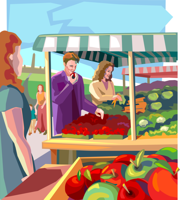 Vector Illustration of Local Farmer's Fresh Vegetables and Fruit Market Stands in Summer