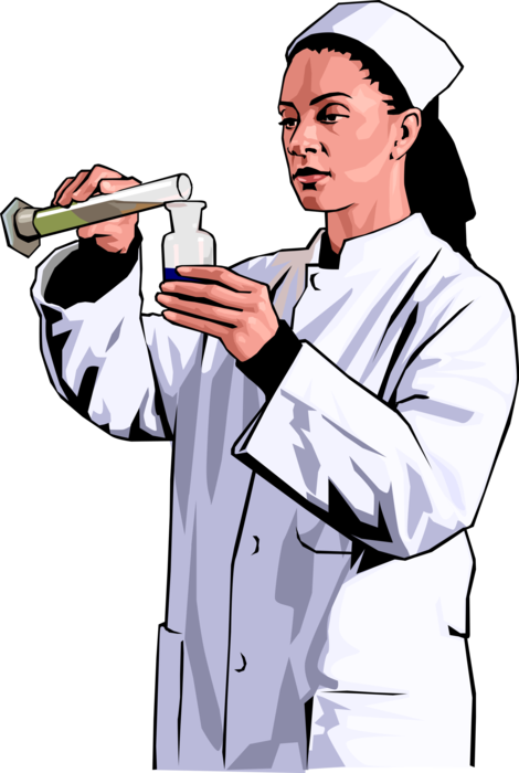 Vector Illustration of Research Chemist in Chemical Laboratory with Glassware Flasks