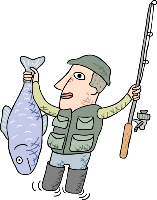 Vector Illustration of Satisfied Fisherman Angler Shows Off Large Fish