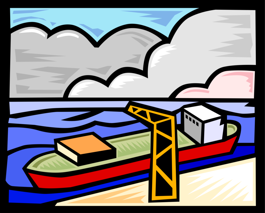 Vector Illustration of Large Ship Vessel at Port Terminal Dock Receiving Cargo