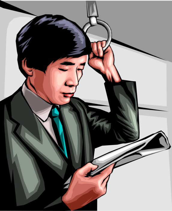 Vector Illustration of Japanese Businessman Commuter Rides Train and Reads Newspaper