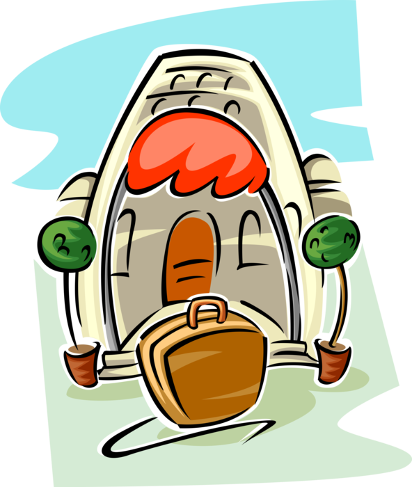 Vector Illustration of Hospitality Industry Hotel Resort with Suitcase at Entrance